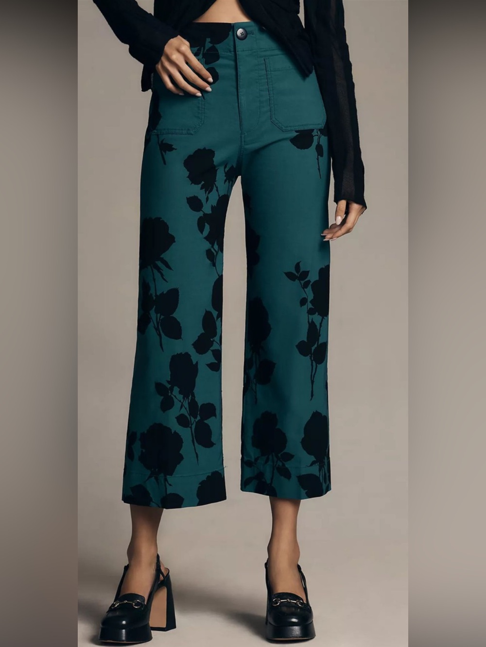 Maeve The Colette Teal Floral Cropped Wide-Leg Pants
